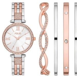 NIB Rose Gold and Silver Watch & Bangle Set